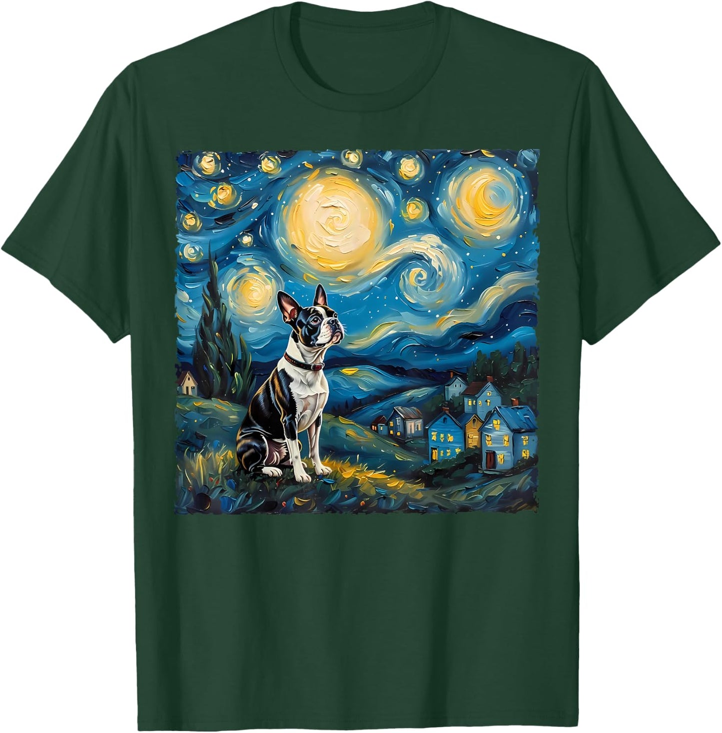 Boston Terrier Dog Lovers Starry Night Van Gogh Style Art T-Shirt - T-Shirt | Forest