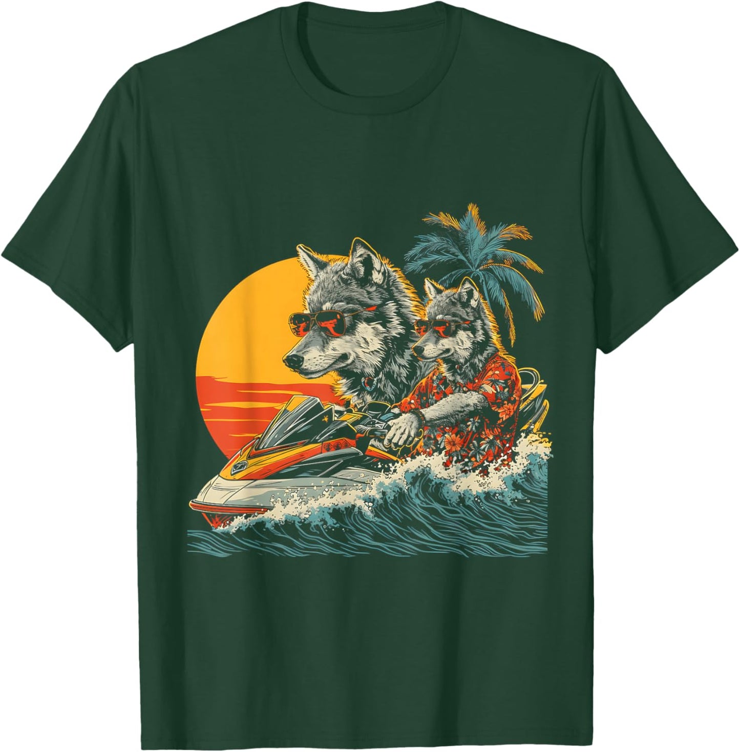 Wolf Driving Jet Ski Wear Hawaiian And Sunglass Sport T-Shirt - T-Shirt | Forest