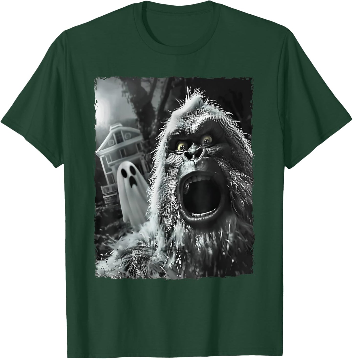Bigfoot Sasquatch Selfie with Ghost Halloween Haunted House T-Shirt - T-Shirt | Forest