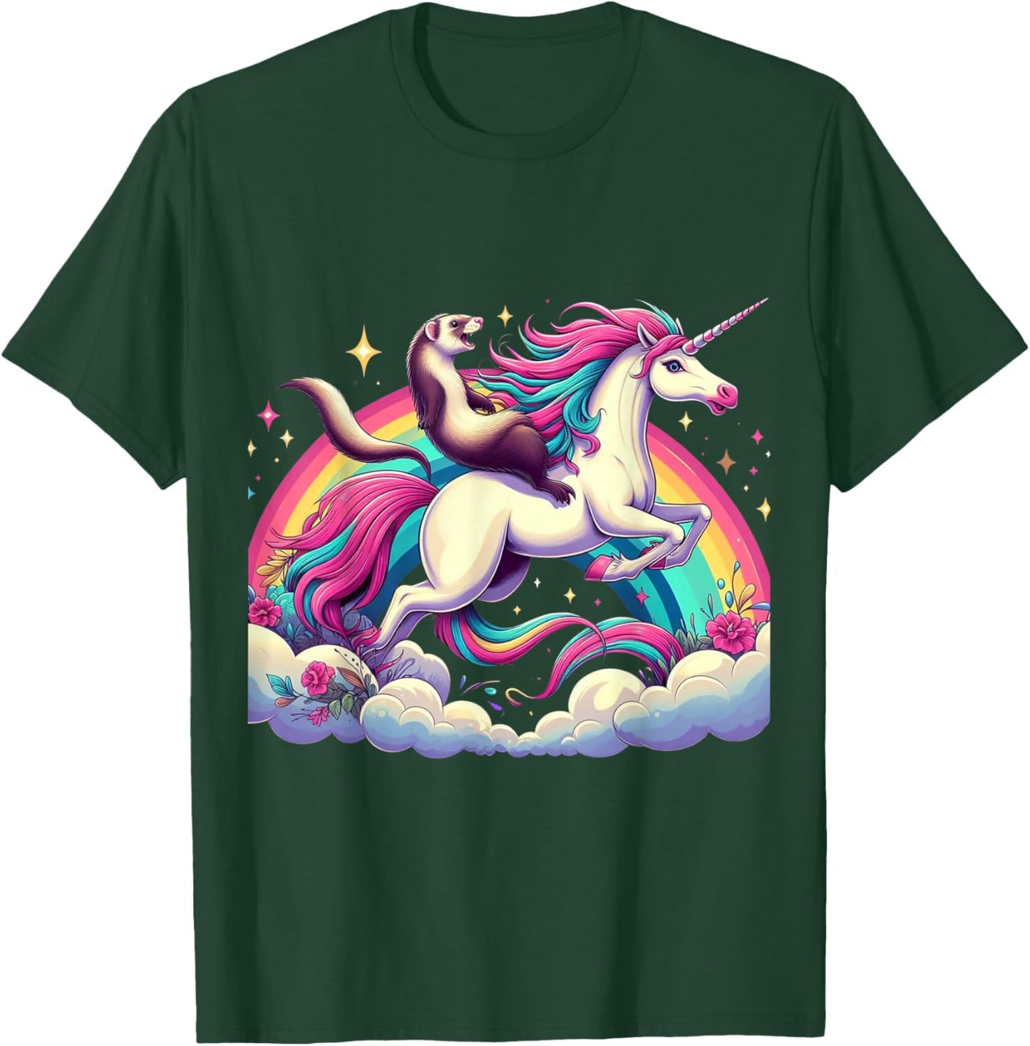 Ferret Riding Unicorn Boys Girls Men Women Kids Rainbow T-Shirt - T-Shirt | Forest