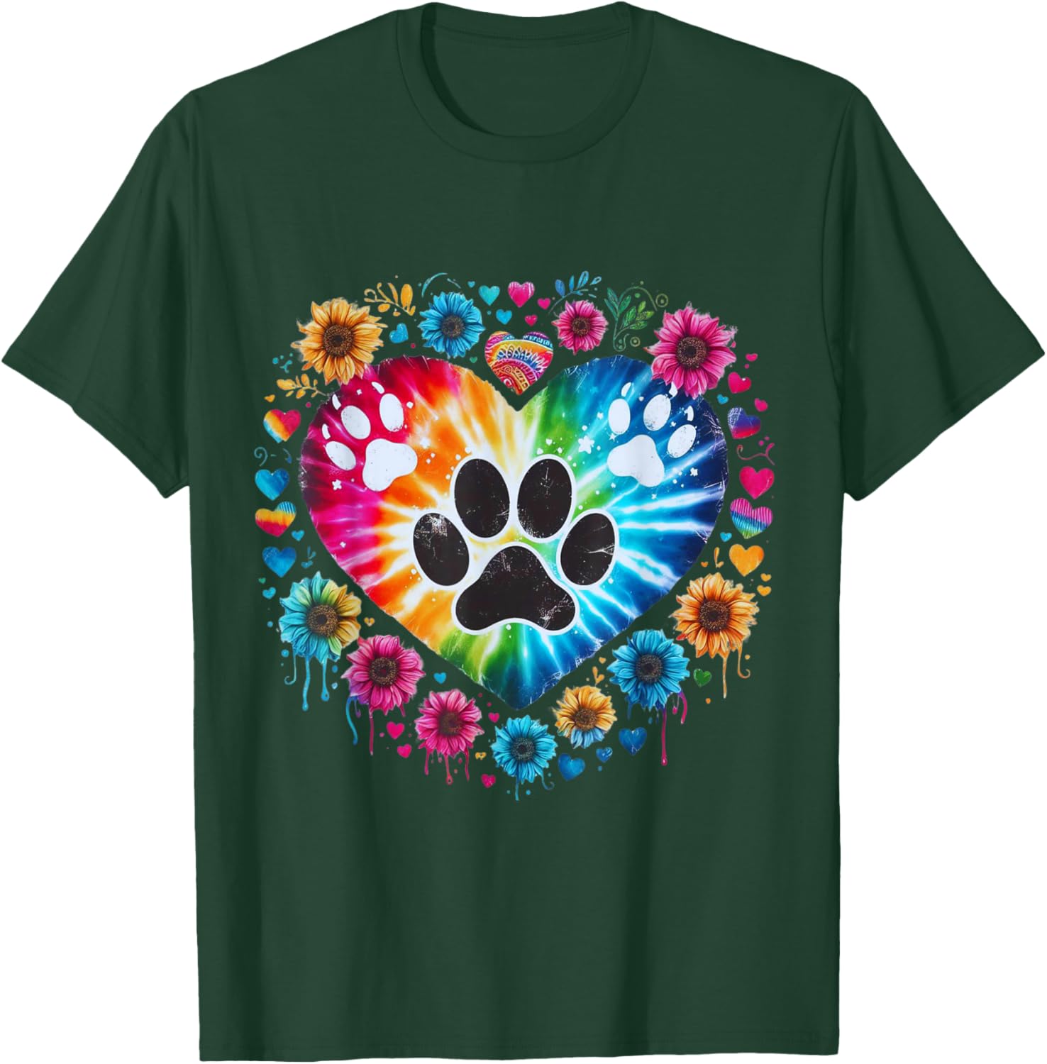 Tie Dye Love Dog Paw Print Heart Animal Lover Men Women T-Shirt - T-Shirt | Forest