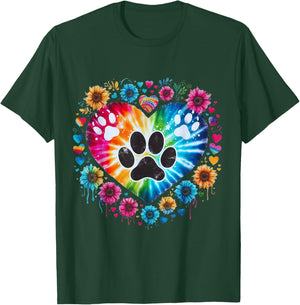Tie Dye Love Dog Paw Print Heart Animal Lover Men Women T-Shirt - T-Shirt | Forest
