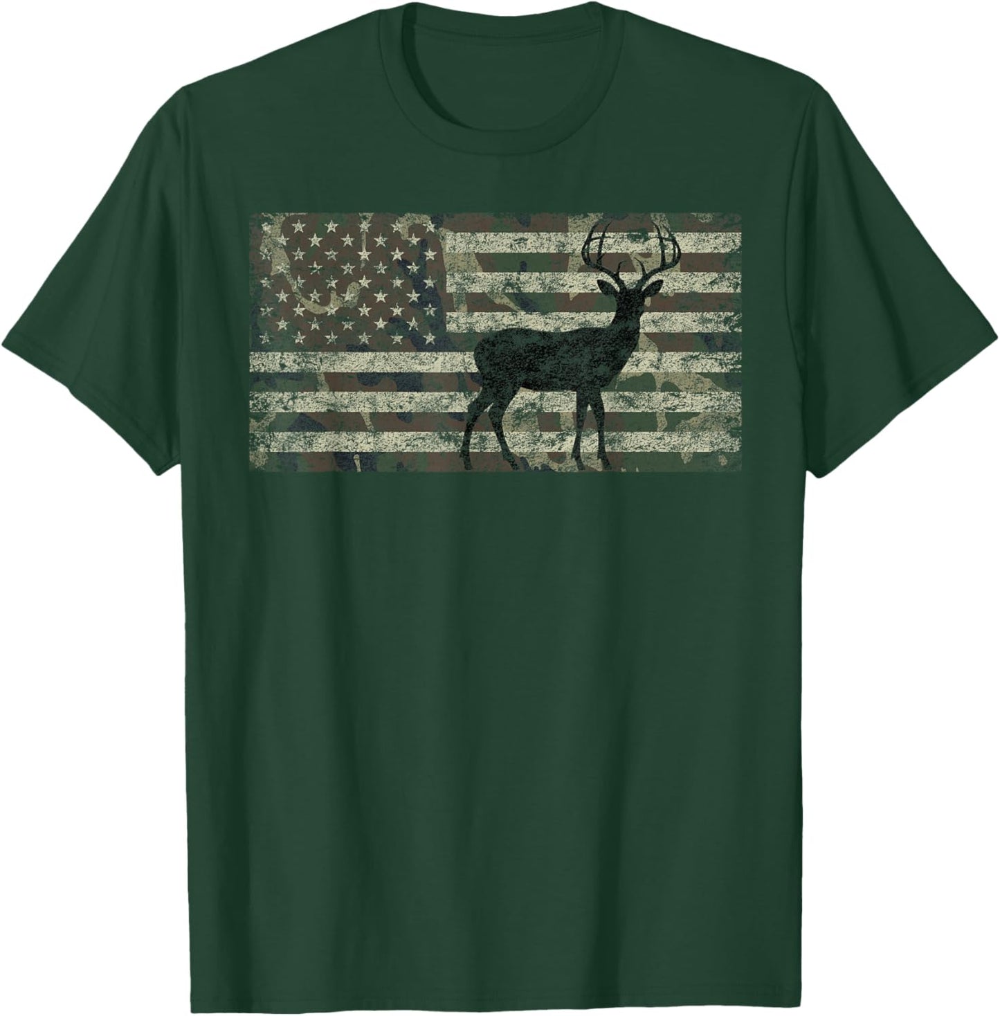 Deer Hunting Camo American Flag Buck Standing Hunter Country T-Shirt - T-Shirt | Forest