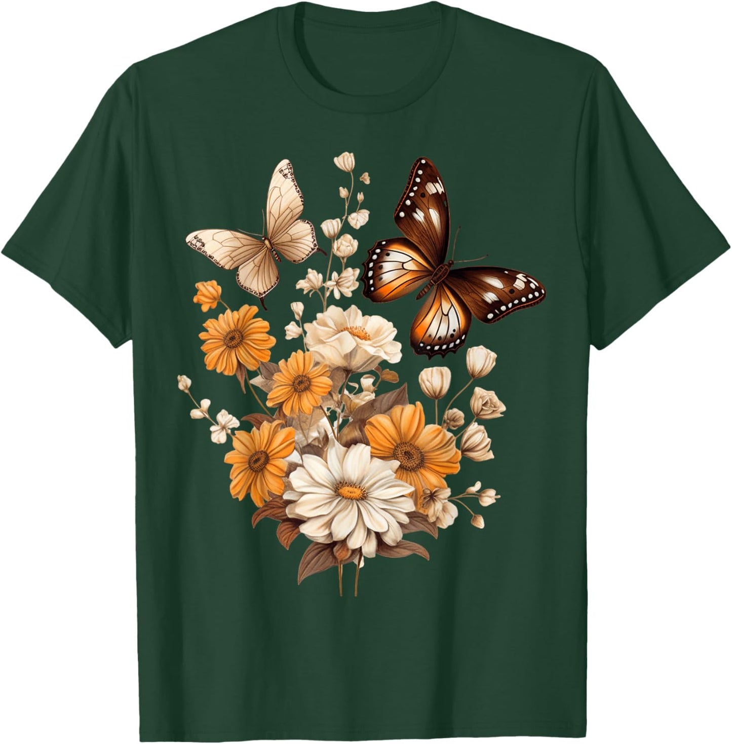 Vintage Pressed Flowers Butterflies Floral Boho Wildflowers T-Shirt - T-Shirt | Forest