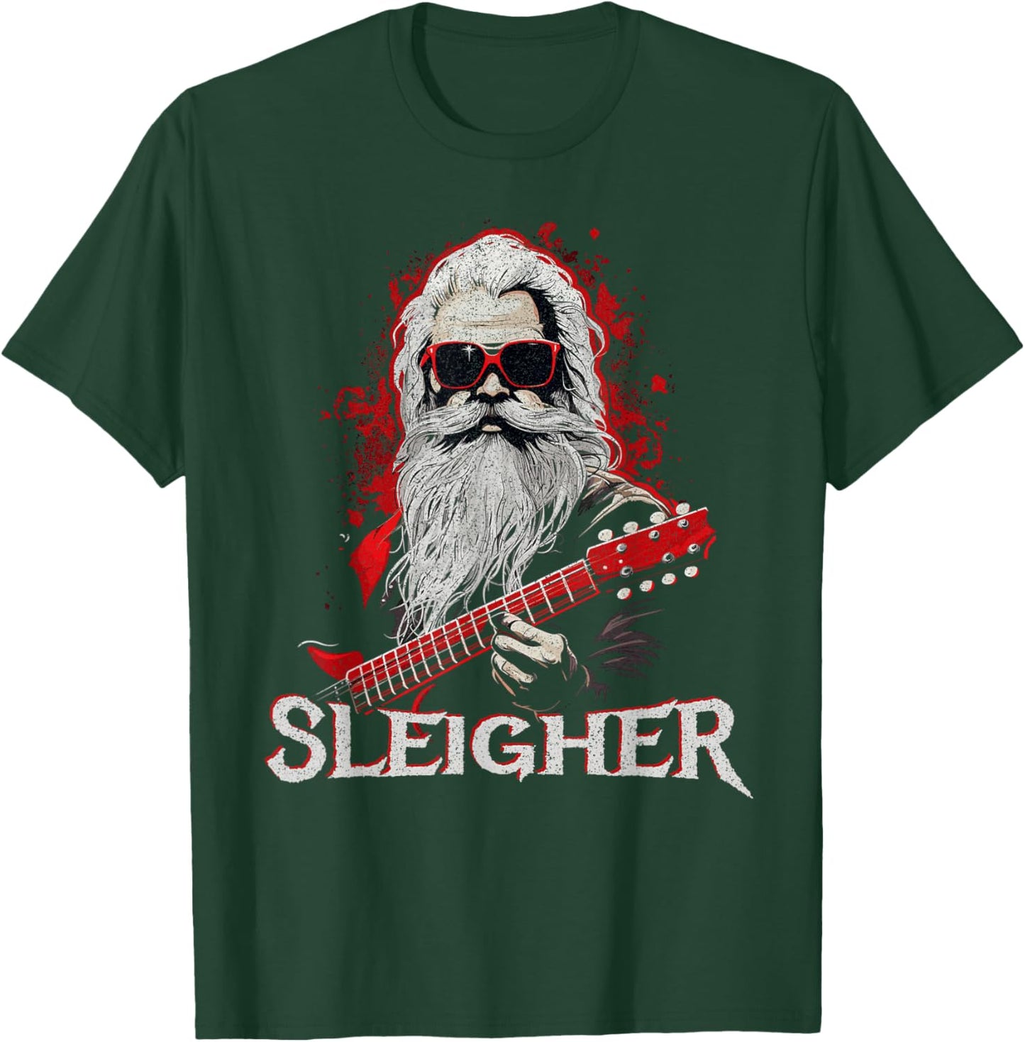 Funny Christmas Rocker Band Santa Playing Guitar Sleigher T-Shirt - T-Shirt | Forest
