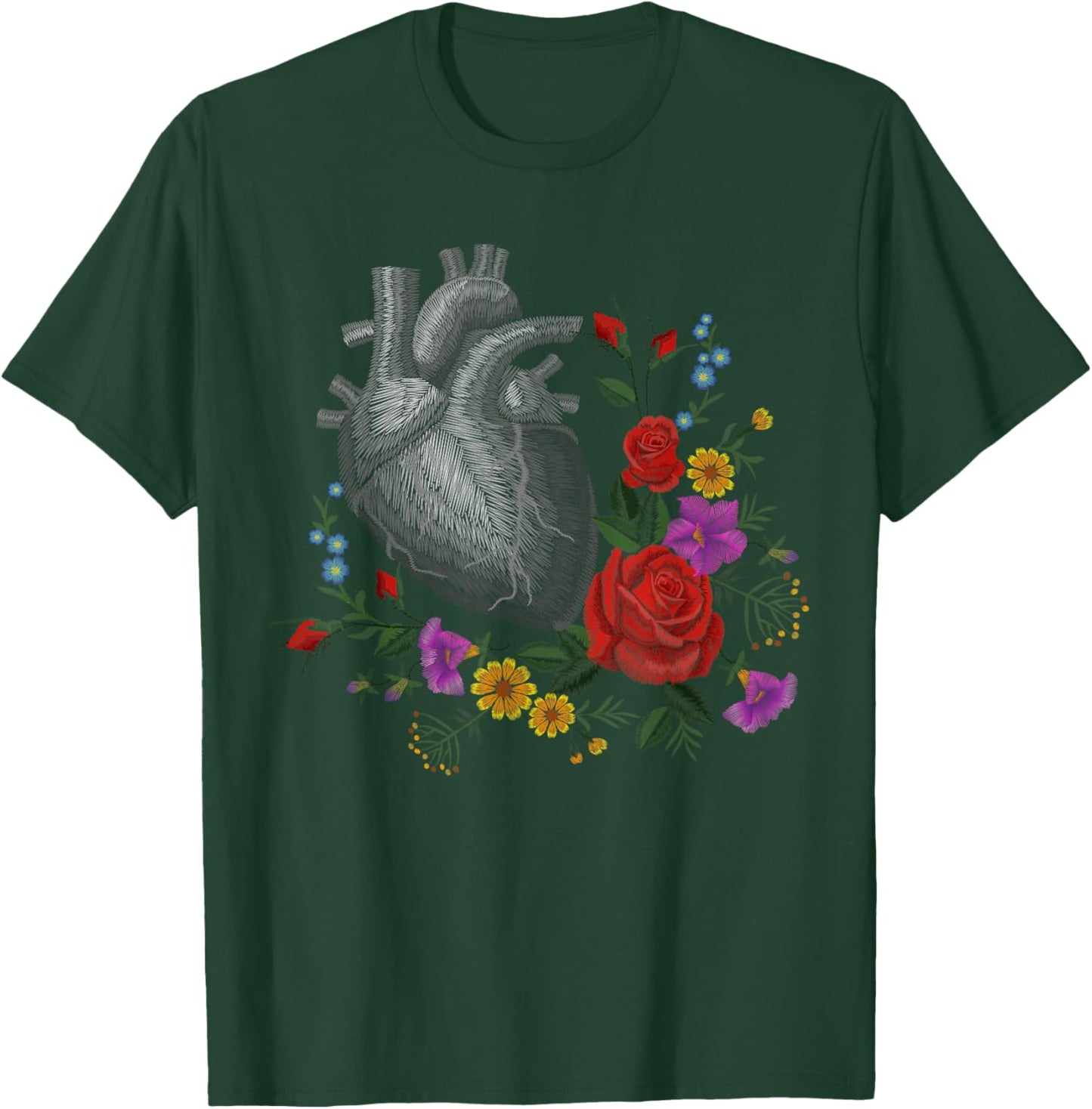 Anatomical Heart And Flowers Funny Men Women Cardiologist T-Shirt - T-Shirt | Forest