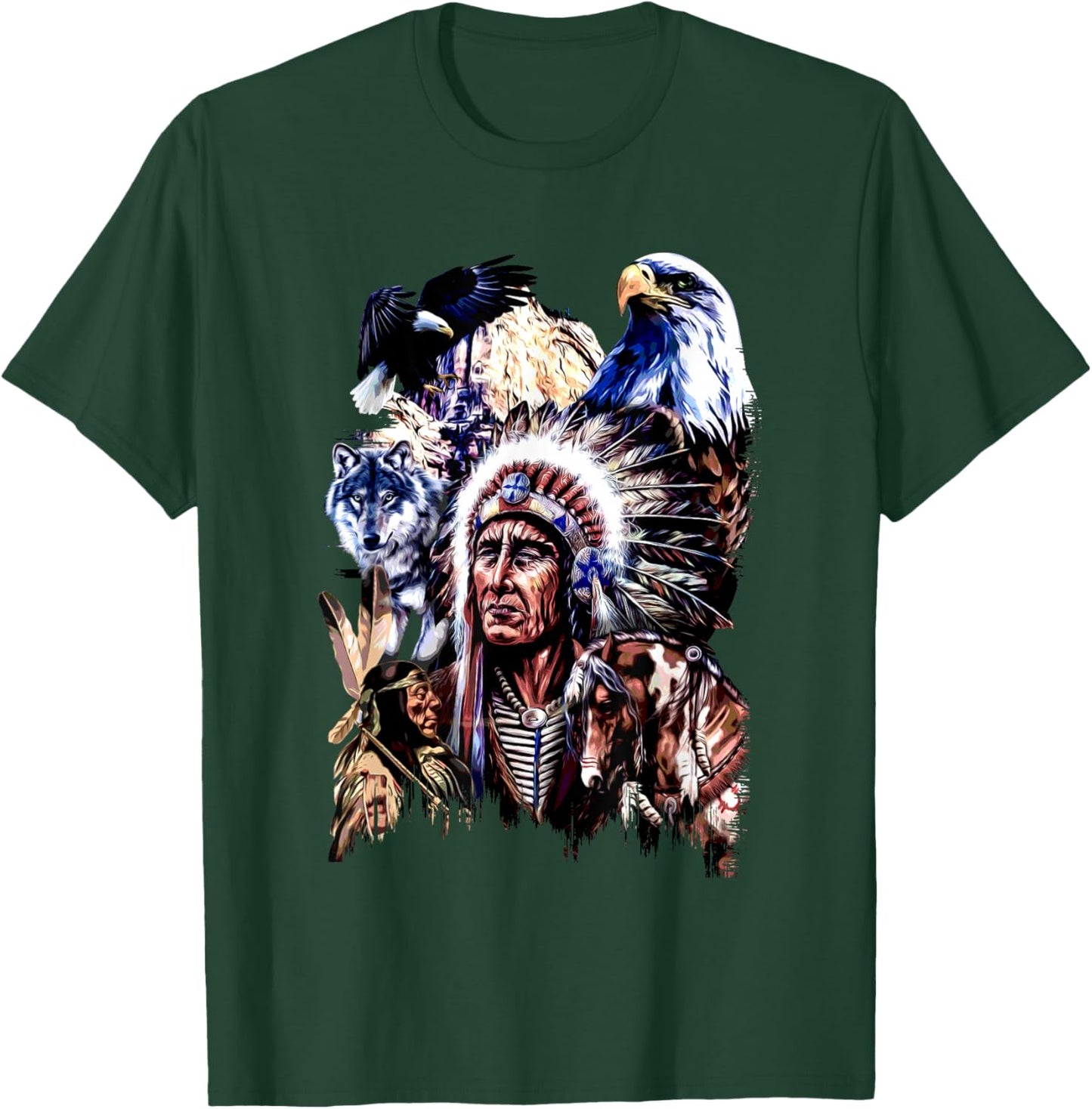 American Indigenous Art Native Indian Chief Headdress T-Shirt - T-Shirt | Forest