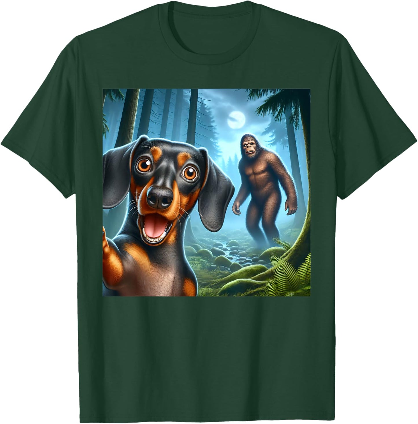Dachshund Selfie with bigfoot sasquatch T-Shirt - T-Shirt | Forest