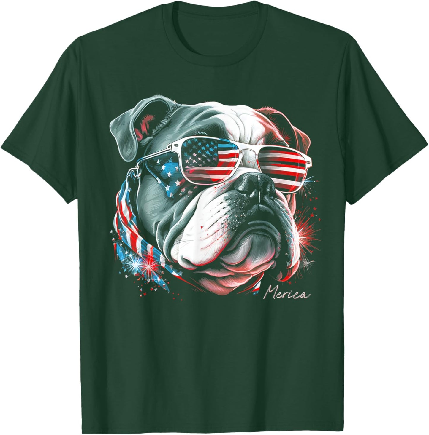 English Bulldog Dog 4th of July American Flag USA Funny T-Shirt - T-Shirt | Forest