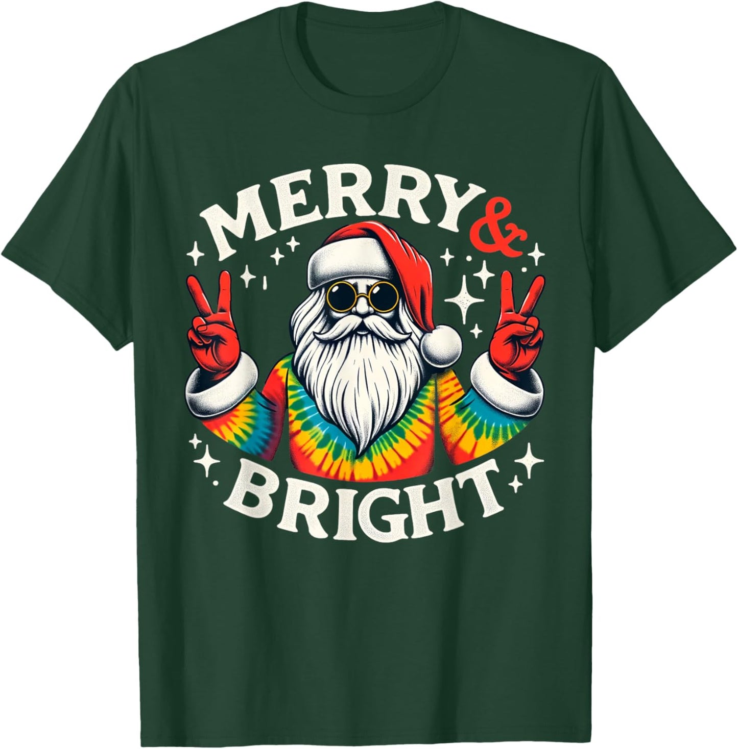 Vintage Retro Merry And Bright Hippie Santa Peace Christmas T-Shirt - T-Shirt | Forest