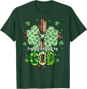 Lucky To Be Loved By God St Patricks Coquette Bow Christian T-Shirt - T-Shirt | Forest