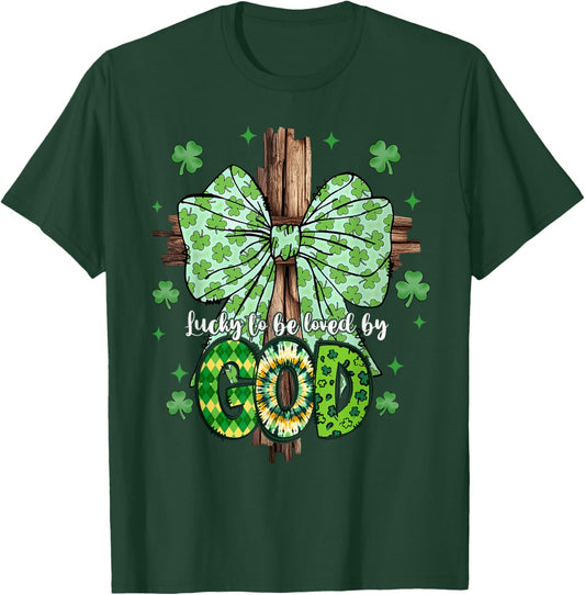 Lucky To Be Loved By God St Patricks Coquette Bow Christian T-Shirt - T-Shirt | Forest