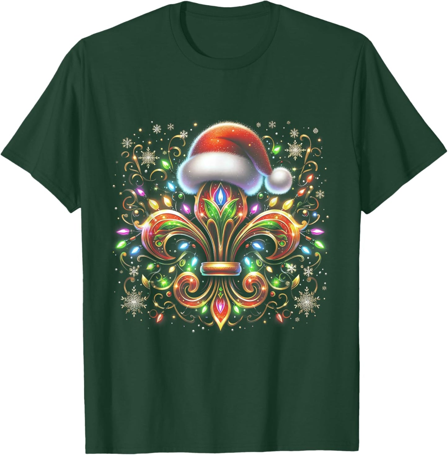 Fleur De-Lis Christmas Ornament with Santa Hat Xmas Lights T-Shirt - T-Shirt | Forest