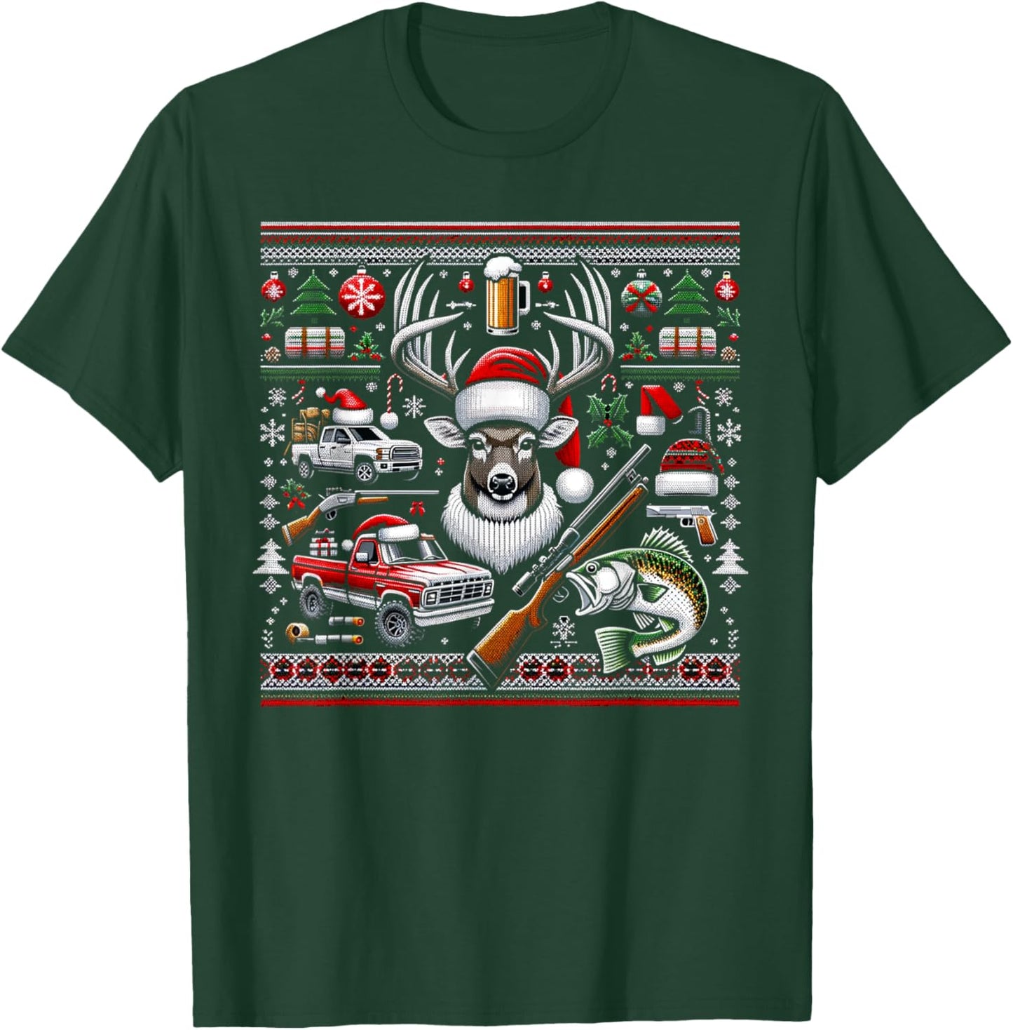 Deer Hunting Bass Fishing Redneck Ugly Christmas T-Shirt - T-Shirt | Forest