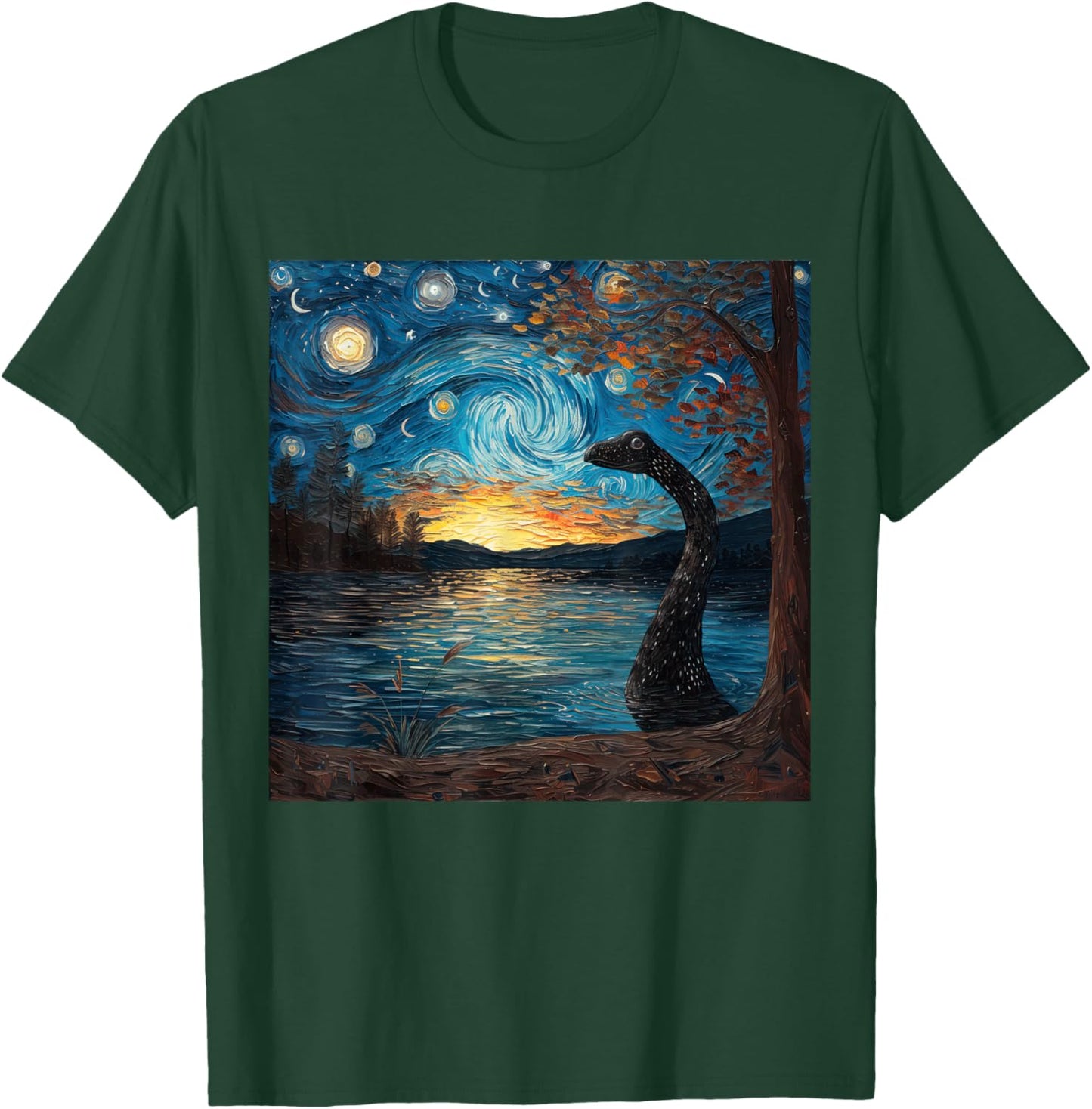 Loch Ness Monster Starry Night Van Gogh Style Nessie T-Shirt - T-Shirt | Forest