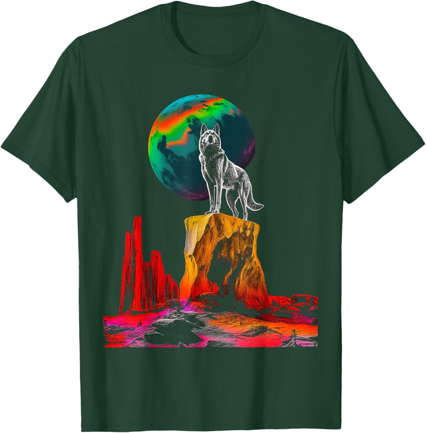 Wolf Moon Colorful Animal Nature Stones Art Wolf T-Shirt - T-Shirt | Forest