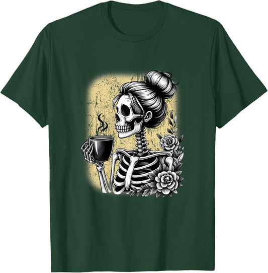 Messy Bun Skeleton Drinking Coffee Vintage Halloween Funny T-Shirt - T-Shirt | Forest