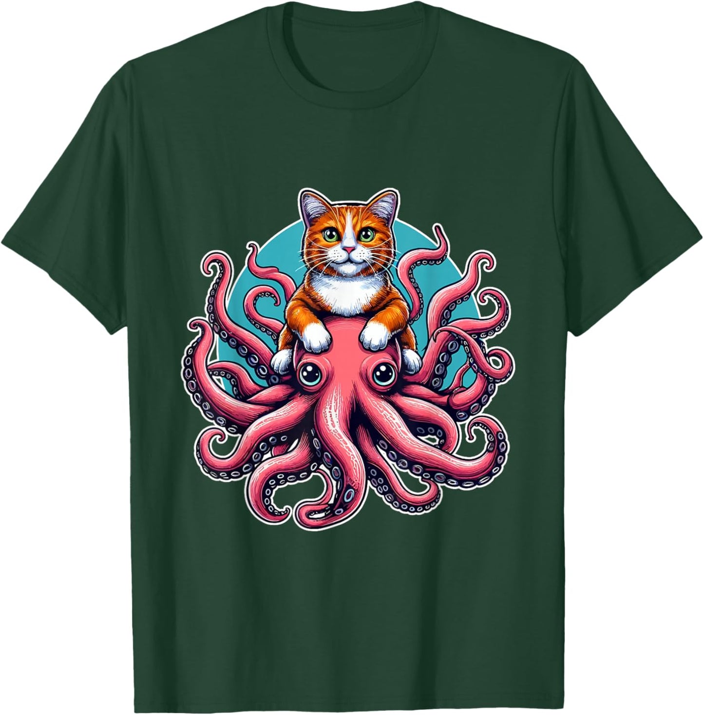 Cat Riding Octopus Shirt Funny Sea Animal Pet Kitten Lover Women Kids T-Shirt - T-Shirt | Forest