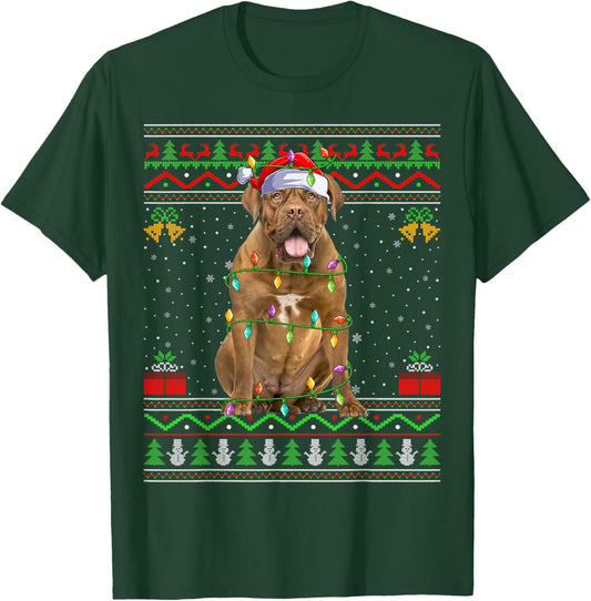 Dogue De Bordeaux Dog Christmas Lights Santa Ugly Xmas Men Women Kids T-Shirt - T-Shirt | Forest
