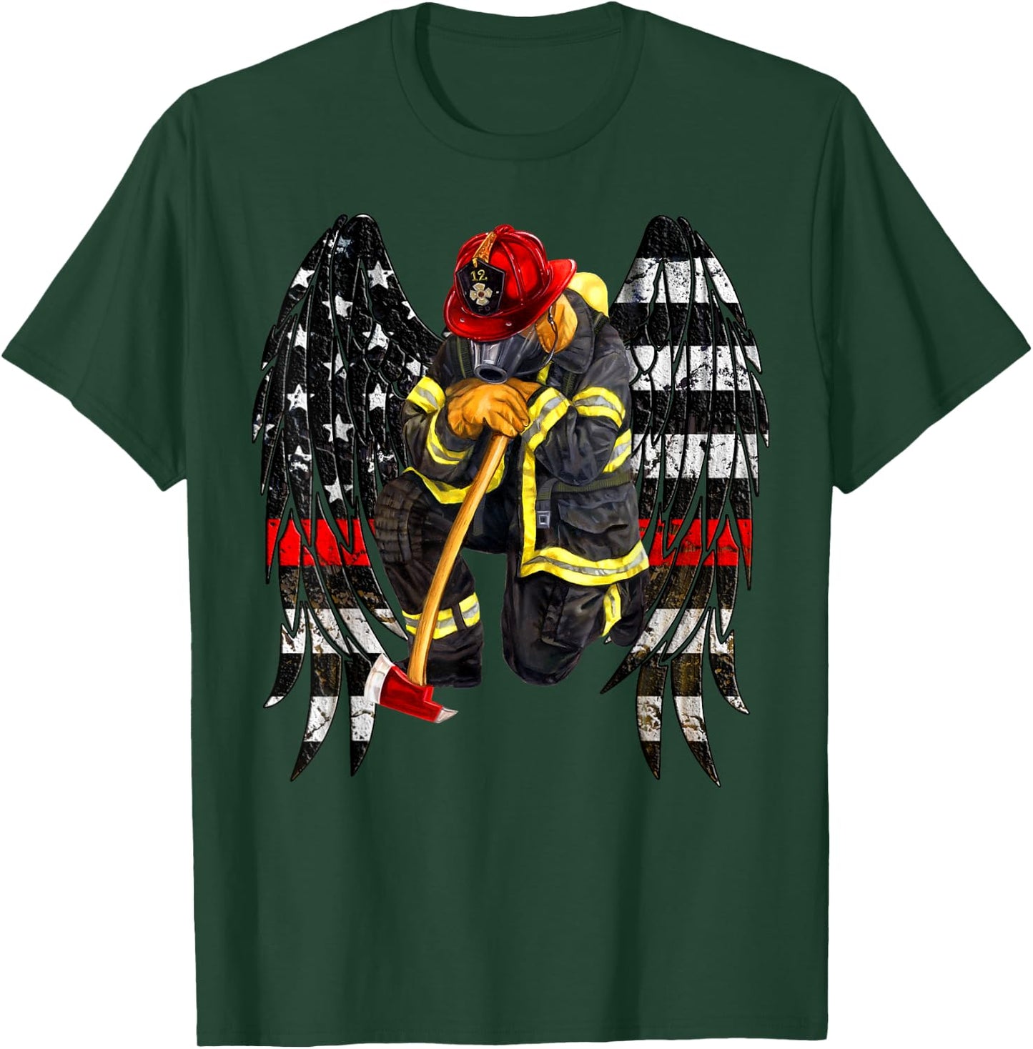 Firefighters Flag Angel Wings Gift Kneel firefighter prayer T-Shirt - T-Shirt | Forest