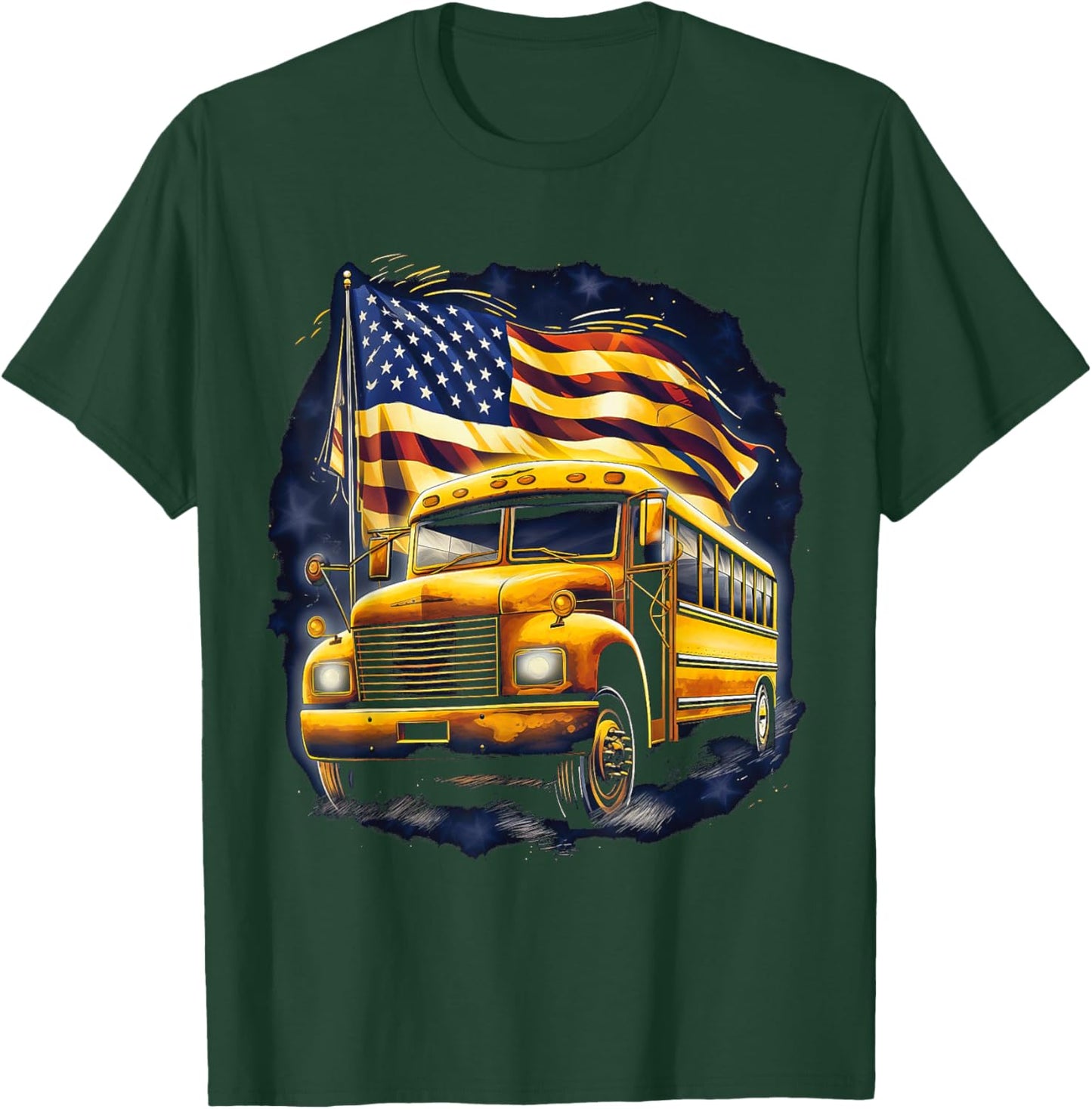 School Bus Driver USA American Flag Funny Bus Driver T-Shirt - T-Shirt | Forest