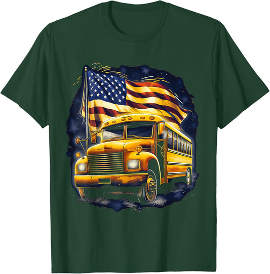 School Bus Driver USA American Flag Funny Bus Driver T-Shirt - T-Shirt | Forest