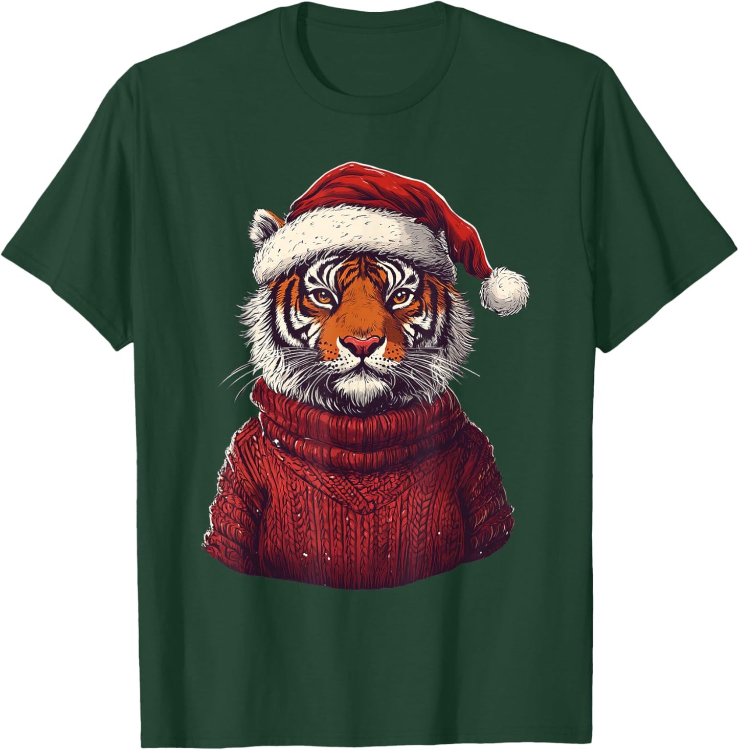 Tiger Ugly Sweater Santa Hat Christmas T-Shirt - T-Shirt | Forest