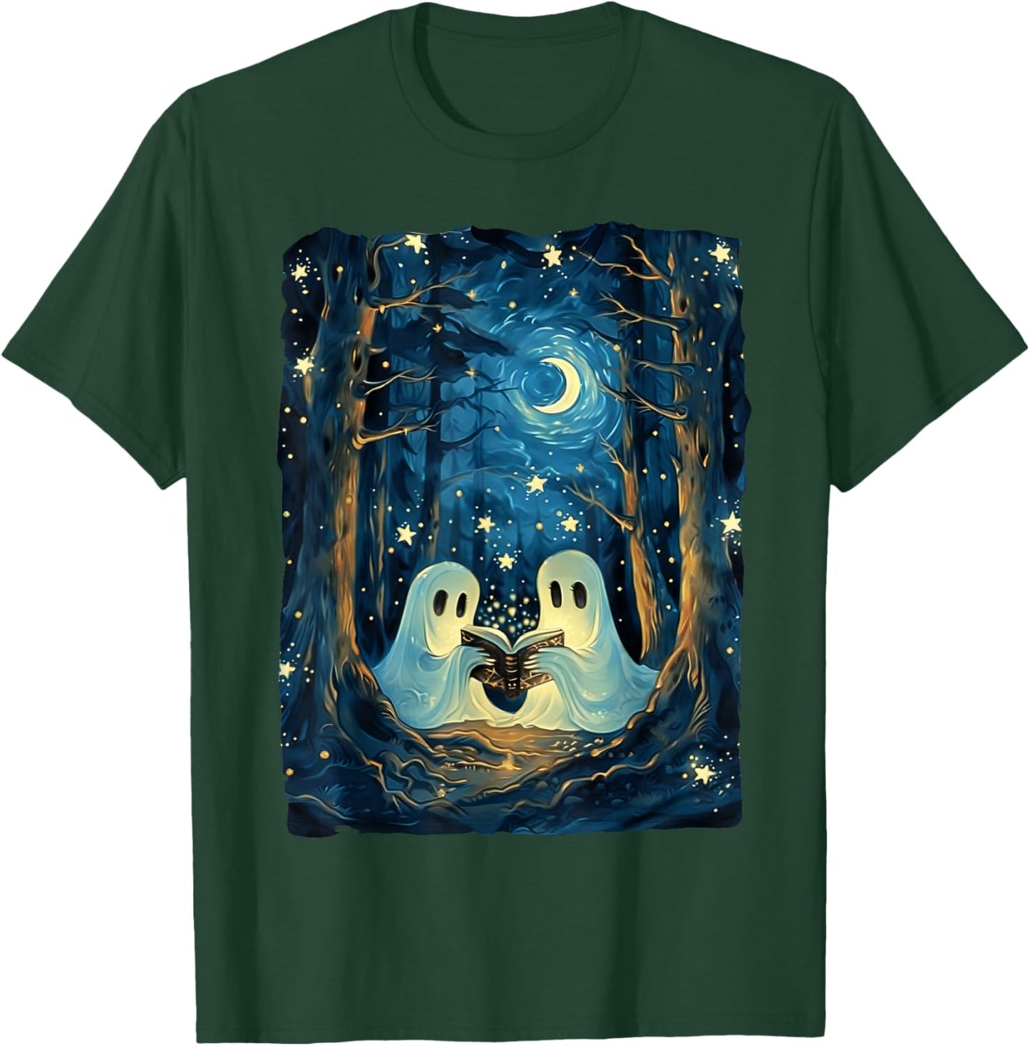 Starry Night Ghost Book Reading Camping Halloween Van Gogh T-Shirt - T-Shirt | Forest