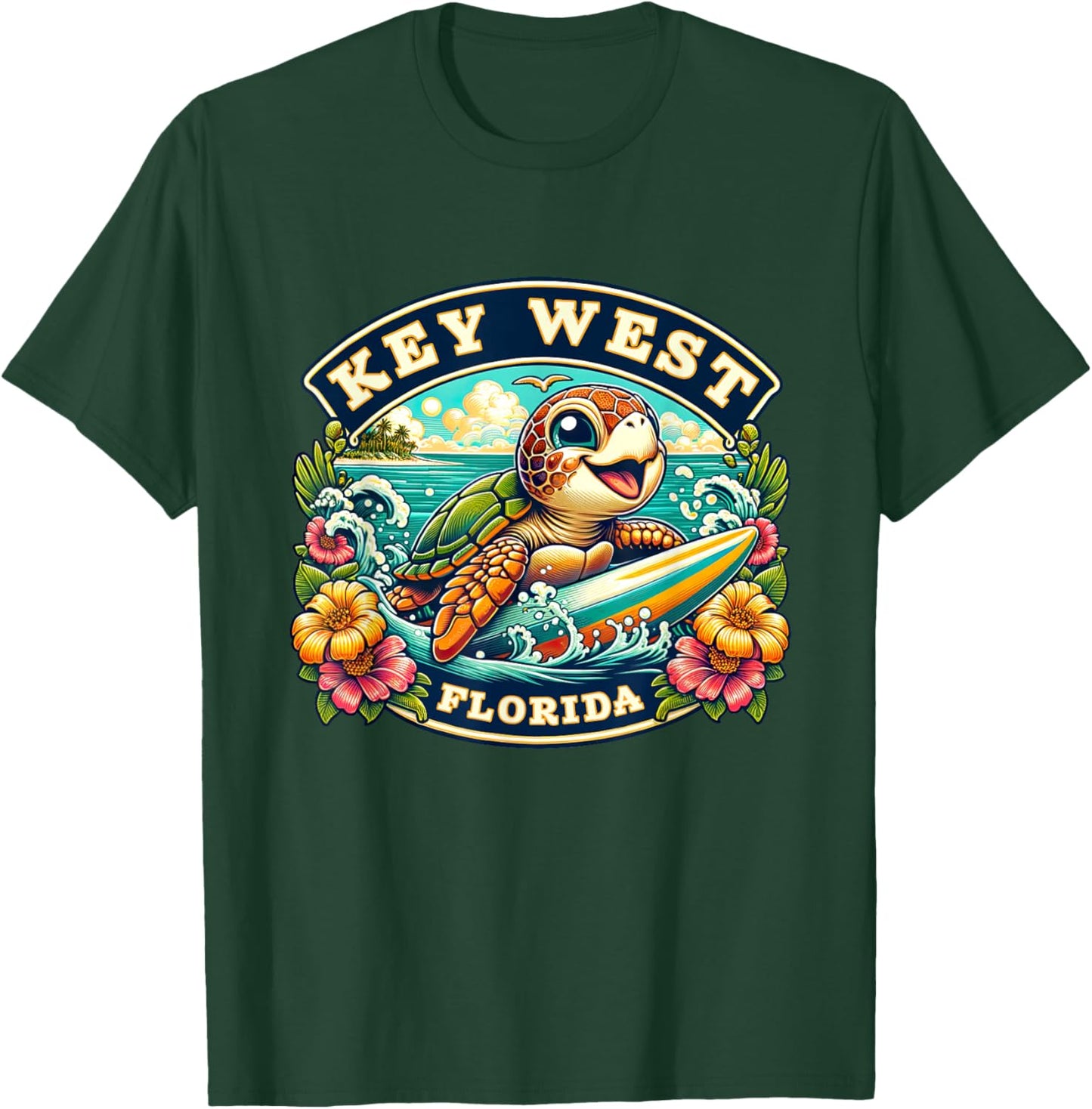 Key West Florida Cute Sea Turtle Surfing T-Shirt - T-Shirt | Forest