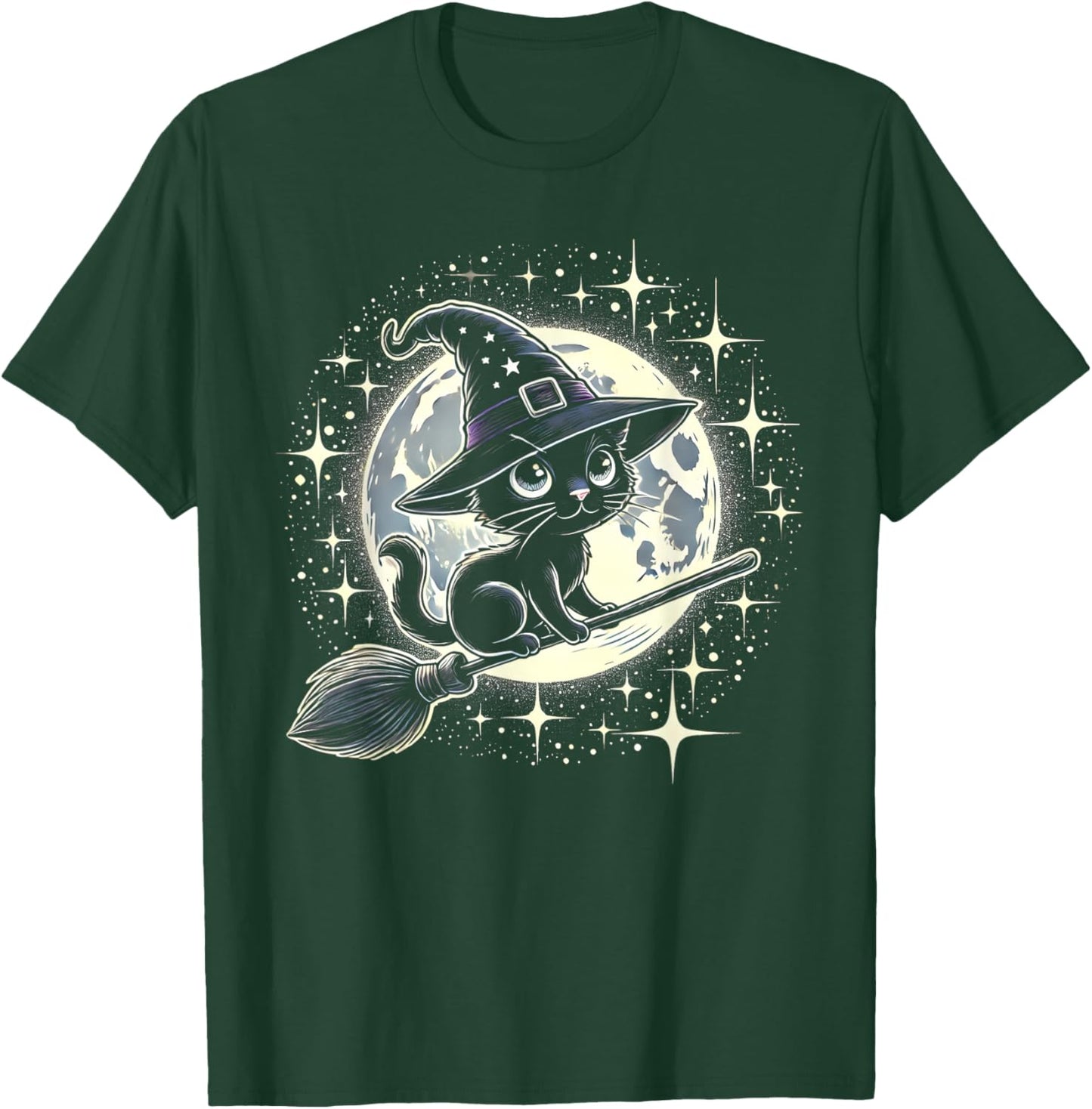 Witchy Black Cat on a Broomstick with Full Moon Halloween T-Shirt - T-Shirt | Forest