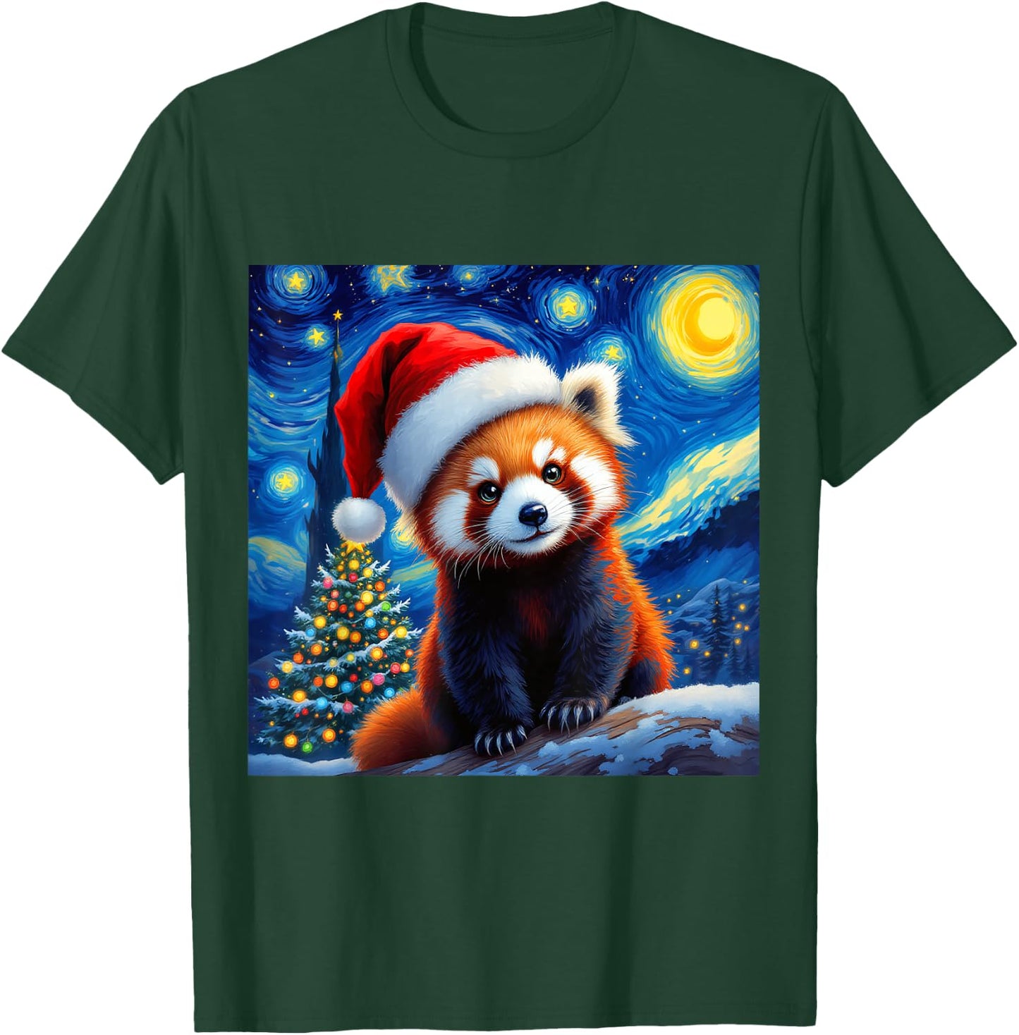 Christmas Red Panda Santa Hat Van Gogh Starry Night Holiday T-Shirt - T-Shirt | Forest