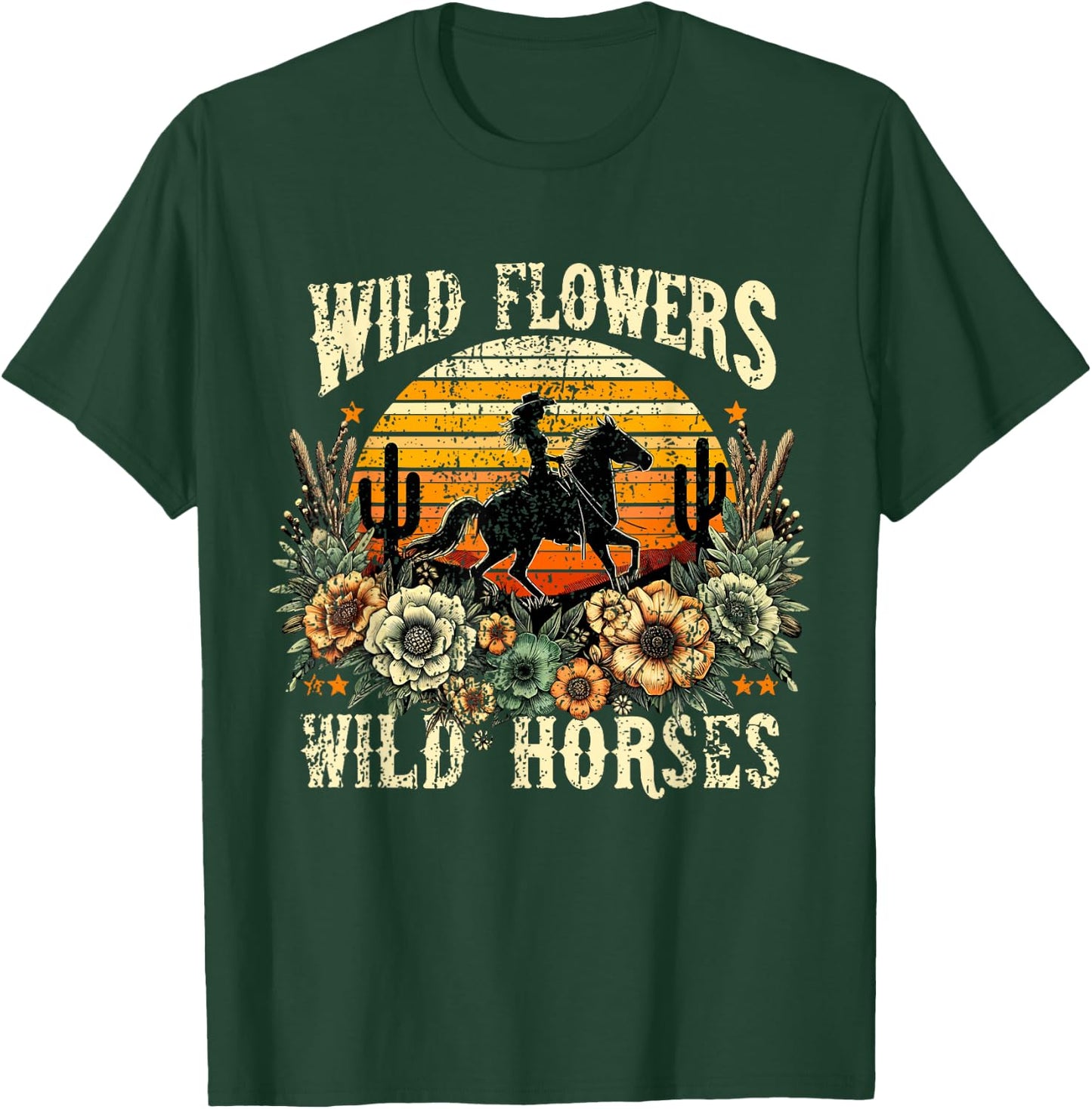 Retro Cowgirl Wild Flowers - Wild Horses Vintage Style T-Shirt - T-Shirt | Forest