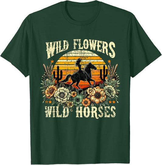 Retro Cowgirl Wild Flowers - Wild Horses Vintage Style T-Shirt - T-Shirt | Forest