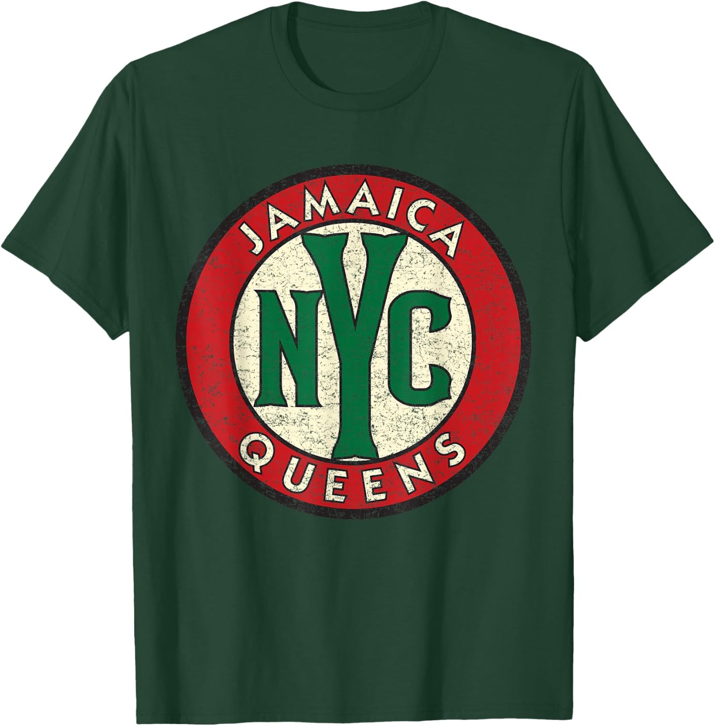 Jamaica Queens NYC Circle Sign Distressed Print T-Shirt - T-Shirt | Forest