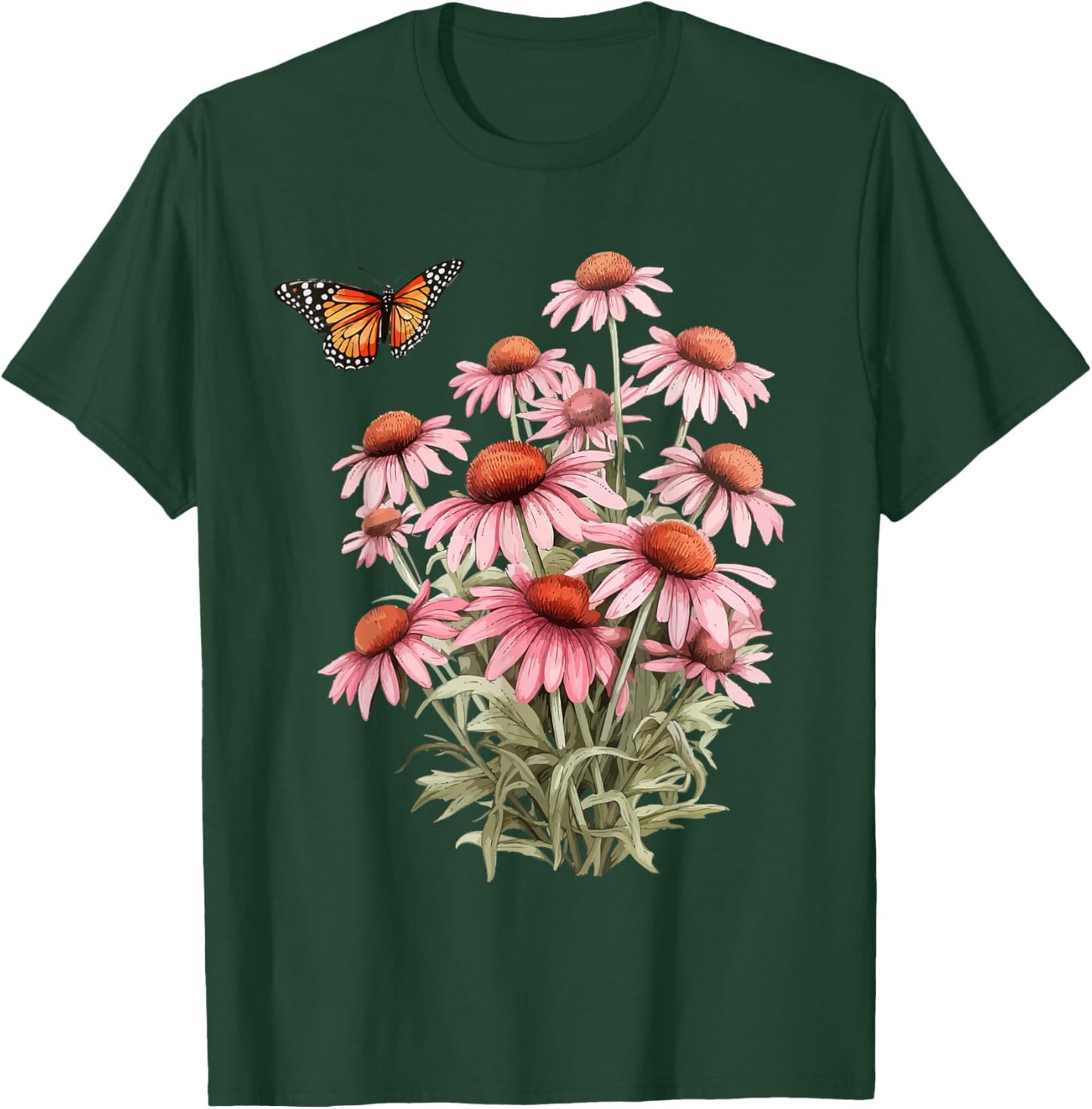 Echinacea Cone Flower Monarch Butterfly Pollinator Habitat T-Shirt - T-Shirt | Forest