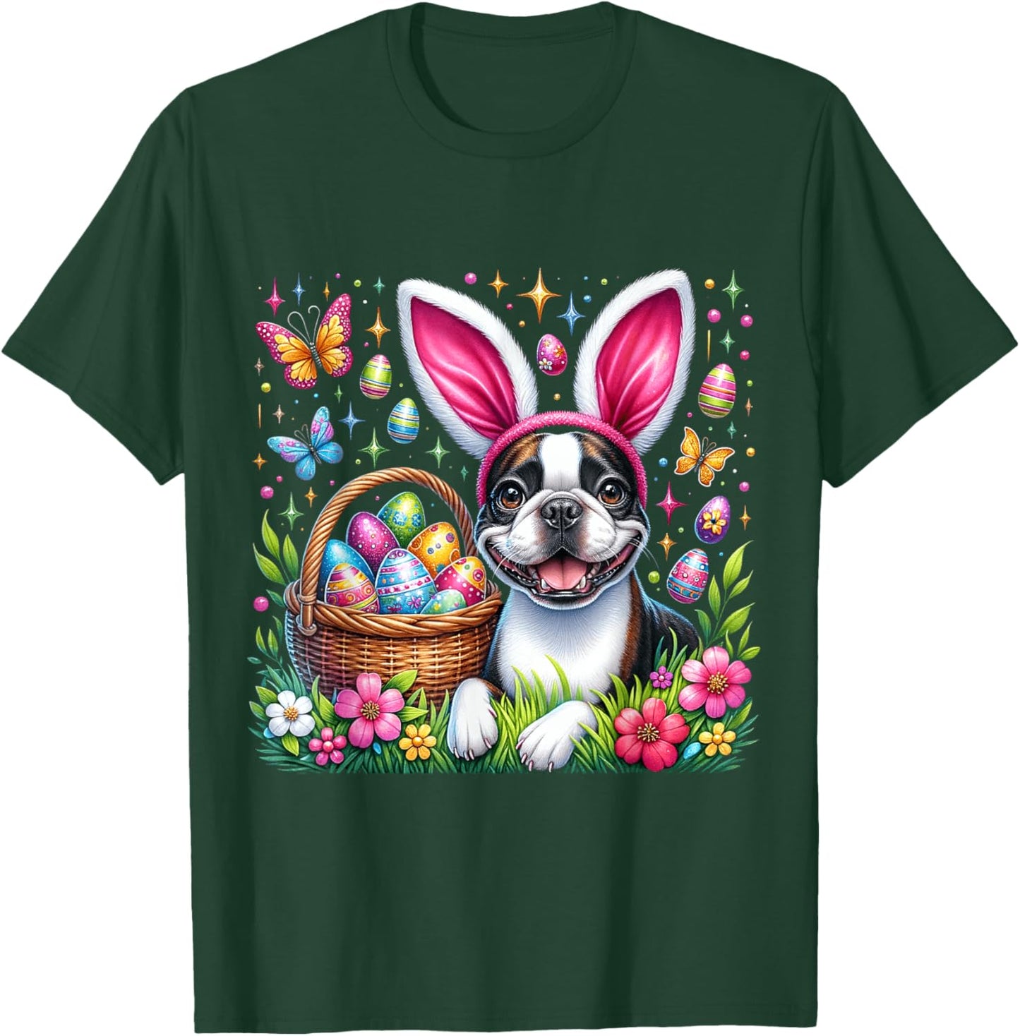 Cute Bunny Boston Terrier Dog Easter Eggs Basket Easter Day T-Shirt - T-Shirt | Forest
