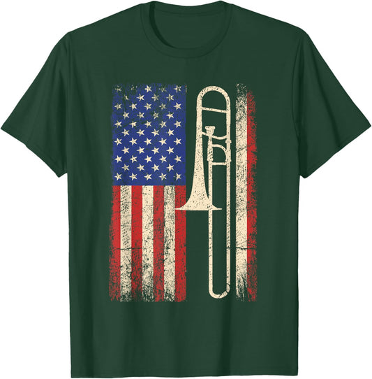 Trombone USA American Flag Shirt Jazz Music Vintage Men T-Shirt - T-Shirt | Forest