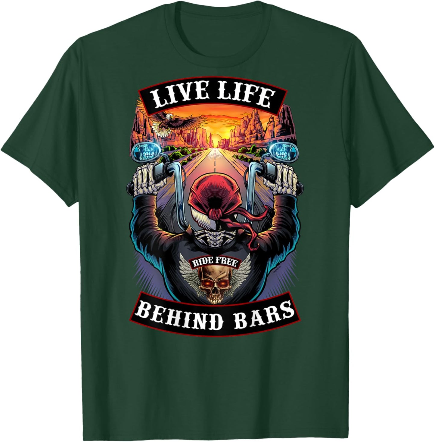 Live Life Behind Bars Motorcycle Biker Skull T-Shirt - T-Shirt | Forest