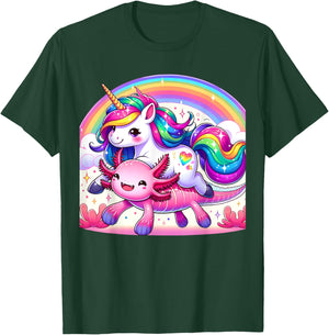 Unicorn Riding Axolotl Kawaii Kids Girls Boys Men Rainbow T-Shirt - T-Shirt | Forest