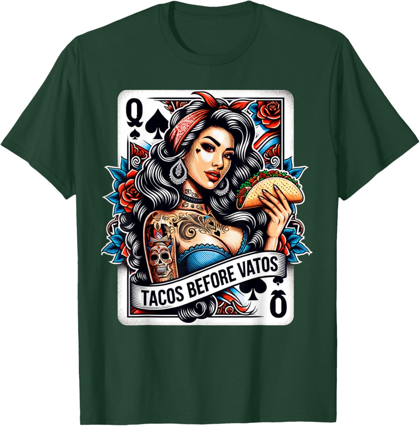 Tacos Before Vatos Mexican Latina Chicana Pin-Up Girl Tattoo T-Shirt - T-Shirt | Forest