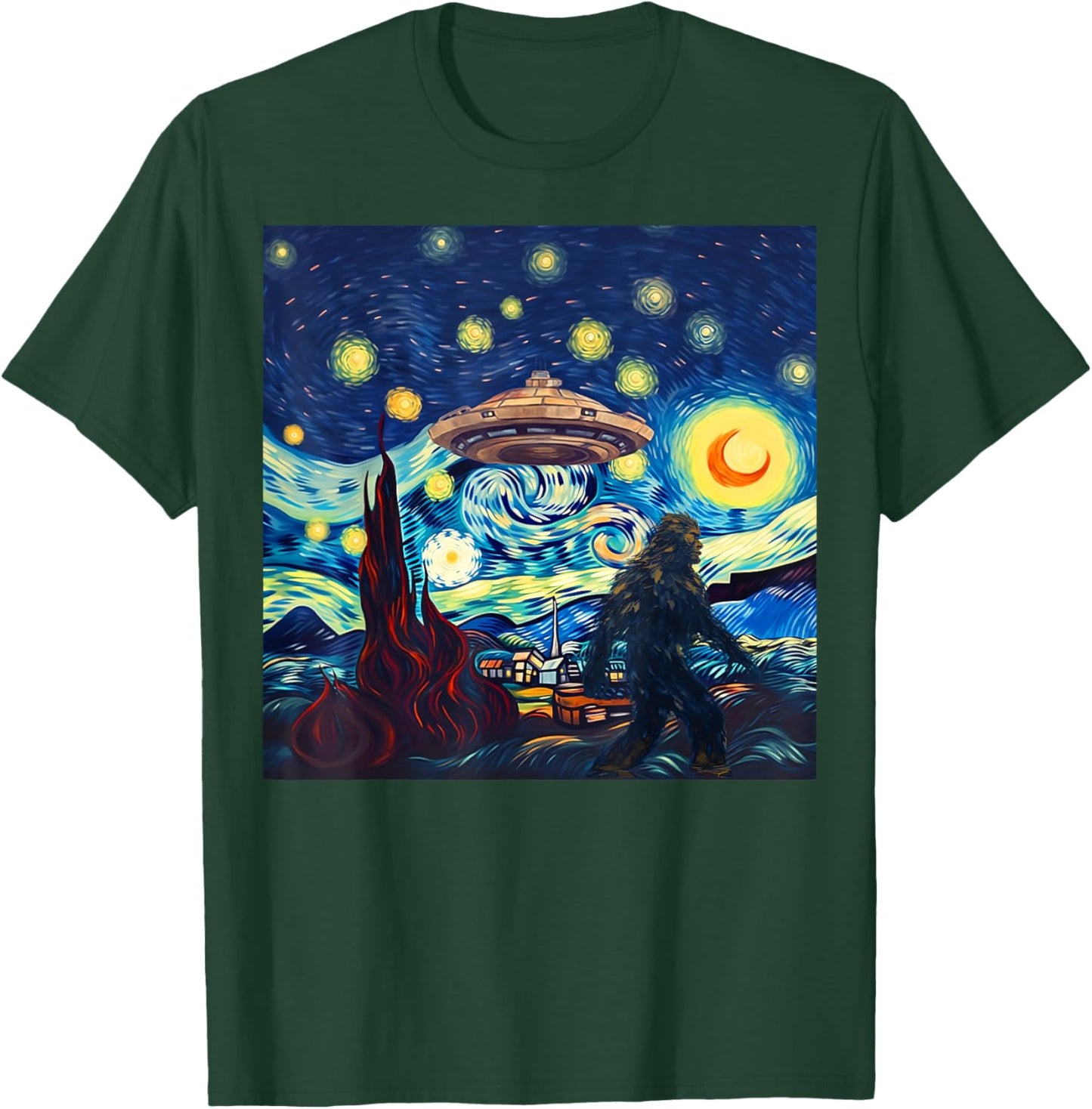 Funny UFO Bigfoot Starry Night Alien Art Hiking Yeti Camping T-Shirt - T-Shirt | Forest