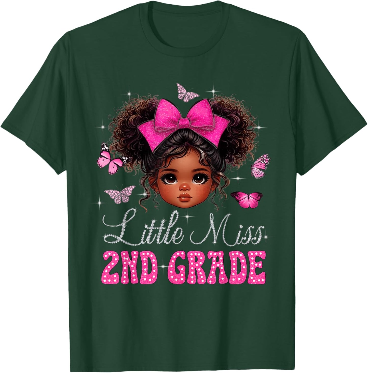 Little Miss 2nd Grade Messy Bun Black Girls Back To School T-Shirt - T-Shirt | Forest