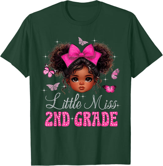 Little Miss 2nd Grade Messy Bun Black Girls Back To School T-Shirt - T-Shirt | Forest