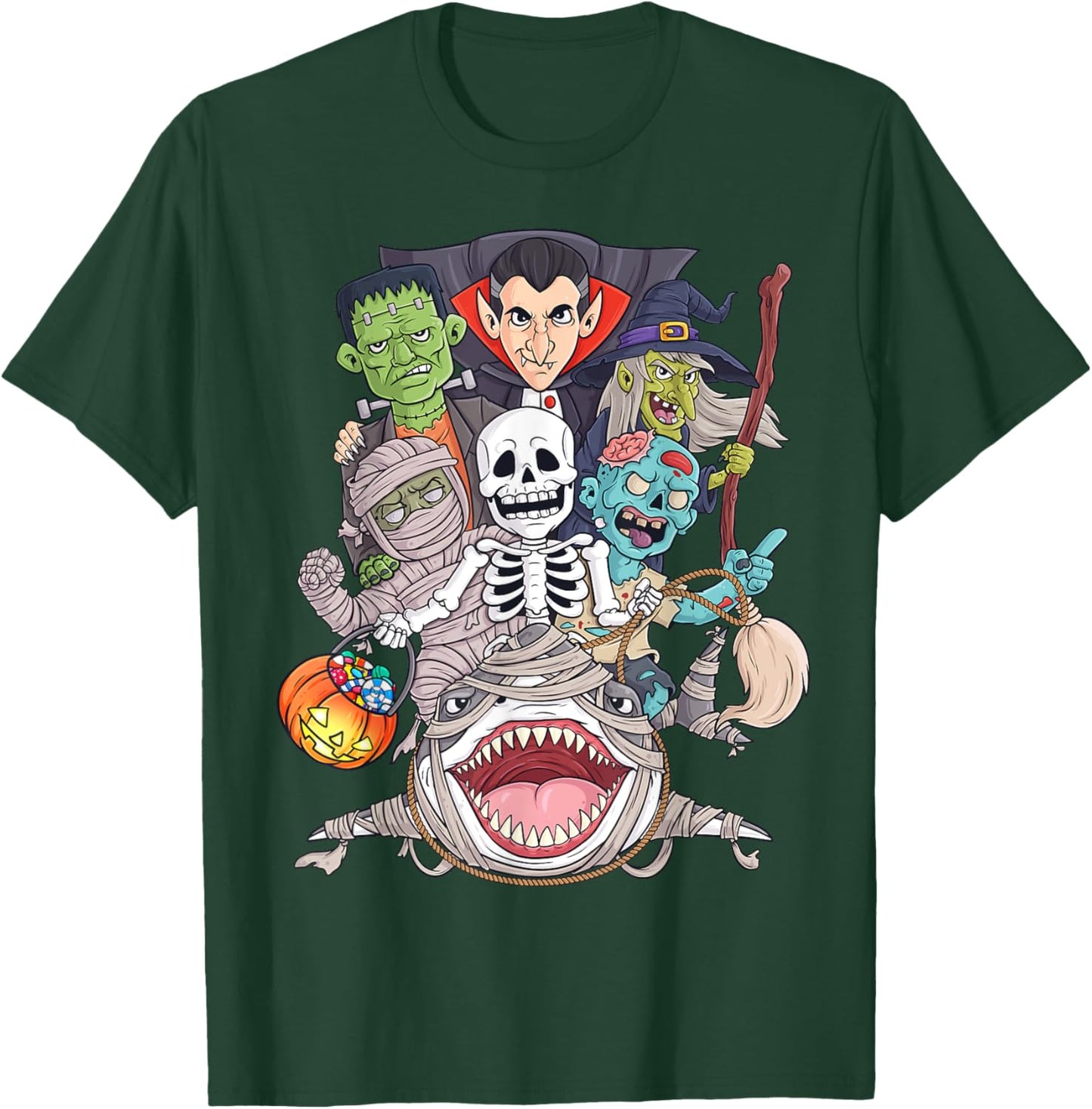 Skeleton Zombie Riding Mummy Shark Funny Halloween Pumpkin T-Shirt - T-Shirt | Forest