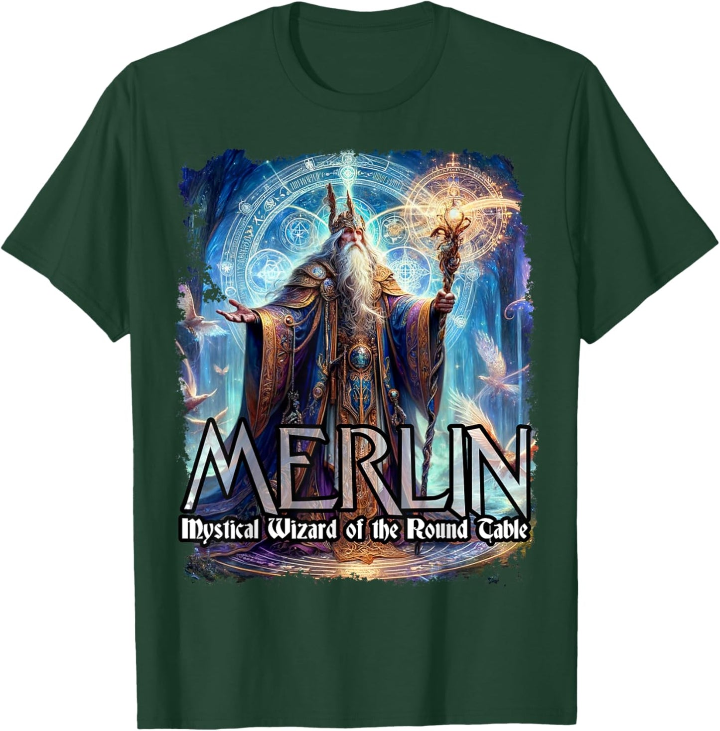 Mythothreads Arthurian Mythology Merlin Mystical Wizard of the Round Table Magical Sorcerer , Small, Black T-Shirt - T-Shirt | Forest