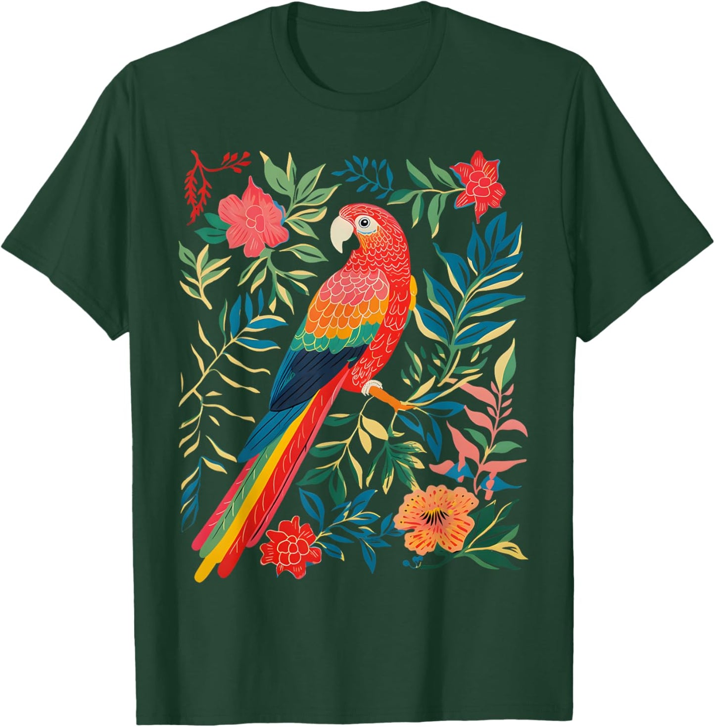 Boho Floral Parrot Scarlet Macaw Birdwatching Bird Lover T-Shirt - T-Shirt | Forest