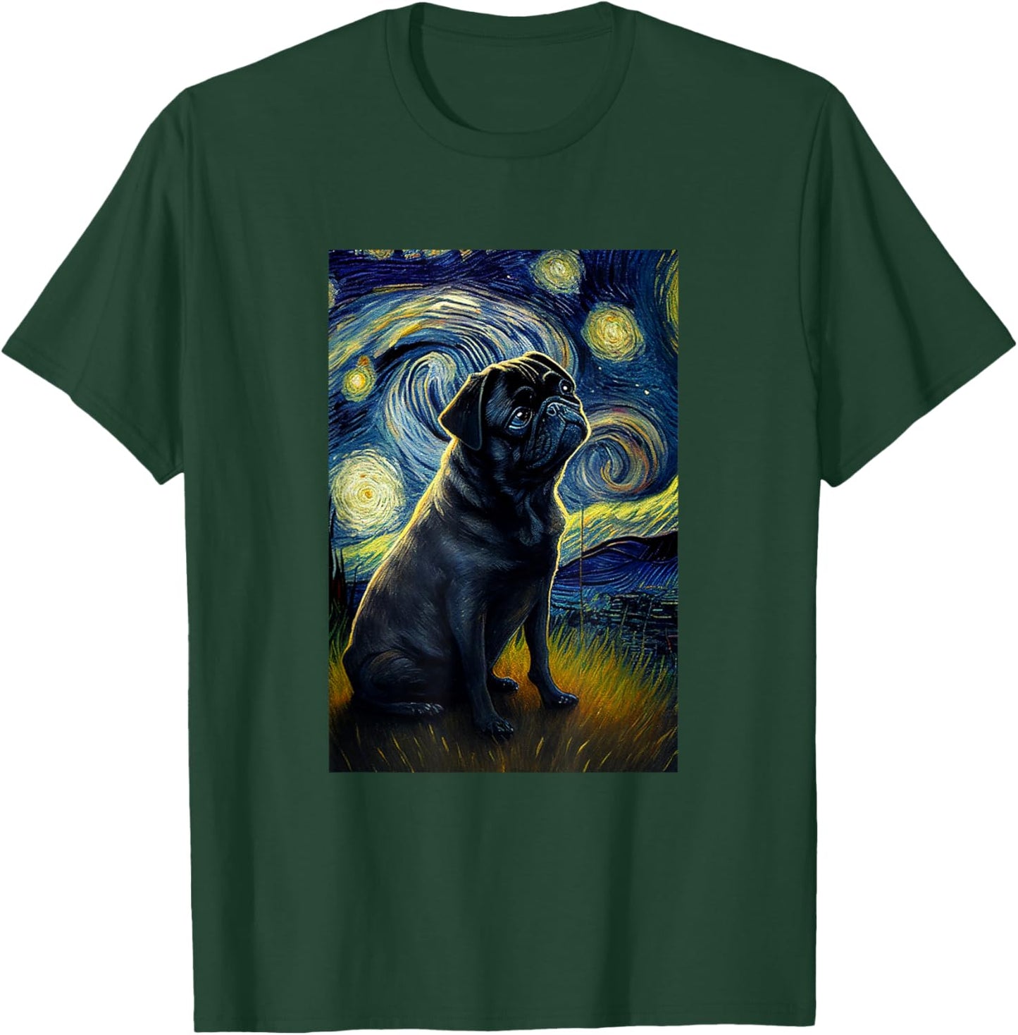 black Pug in Starry Night Painting Dog Mom Dad T-Shirt - T-Shirt | Forest