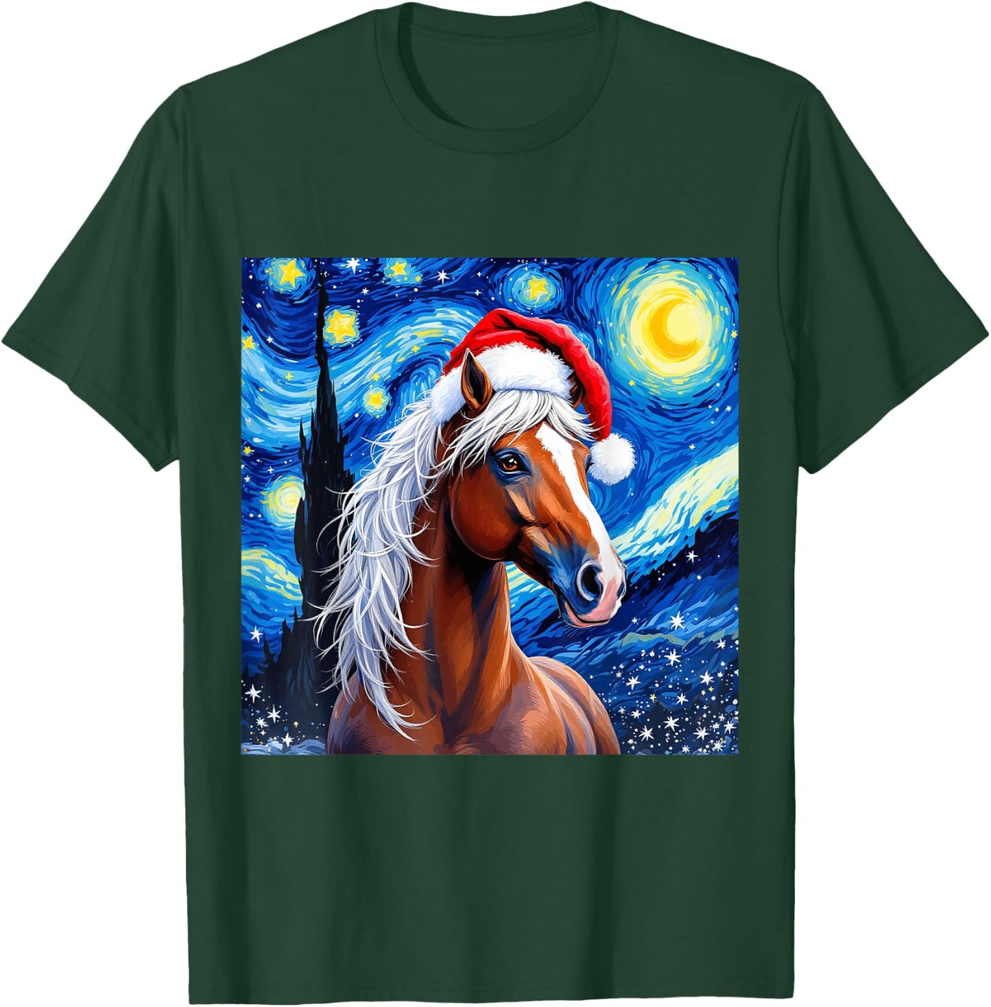 Christmas Horse Santa Hat Van Gogh Starry Night Holiday T-Shirt - T-Shirt | Forest