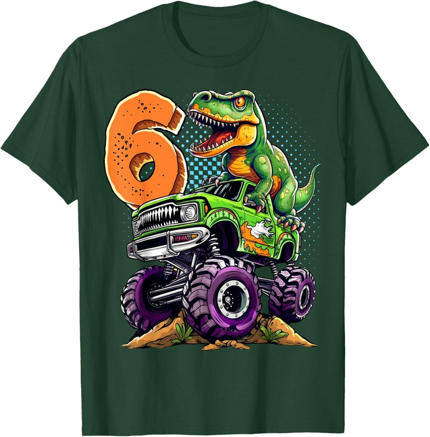 Monster Truck Dinosaur T-Rex 6th Birthday Boy 6 Year Old T-Shirt - T-Shirt | Forest