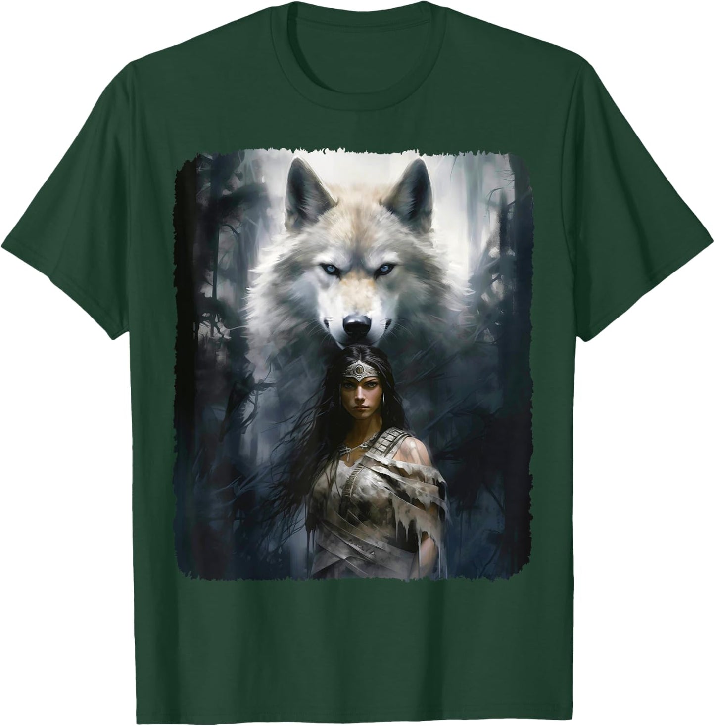 Warrior Woman with a White Wolf Fantasy T-Shirt - T-Shirt | Forest